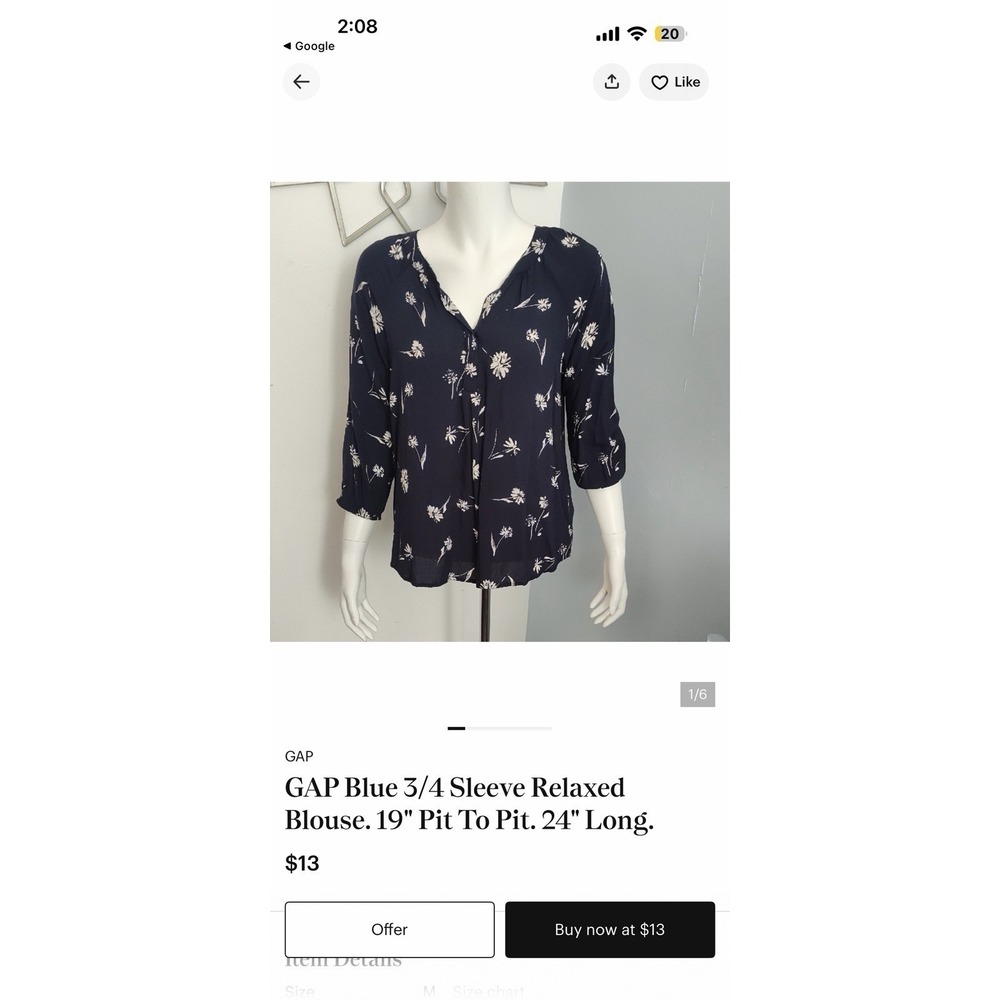 GAP Blue Size S Blouse 3/4 Sleeve Relaxed Top Floral Boho Cottage Summer Flowy - Picture 12 of 12